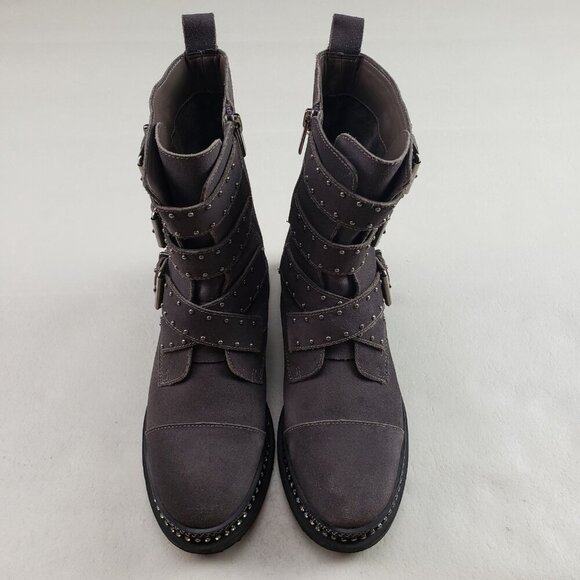 Vince Camuto Bobette Biker Boot Womens 9 Gray Suede Buckles Chunky Combat Stud - Picture 4 of 13
